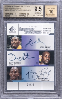 2003-04 SP Signature Edition "Triple Authentic Signatures" #BPG Bryant/Payton/Garnett Multi-Signed Card (#20/25) – BGS GEM MINT 9.5/BGS 10